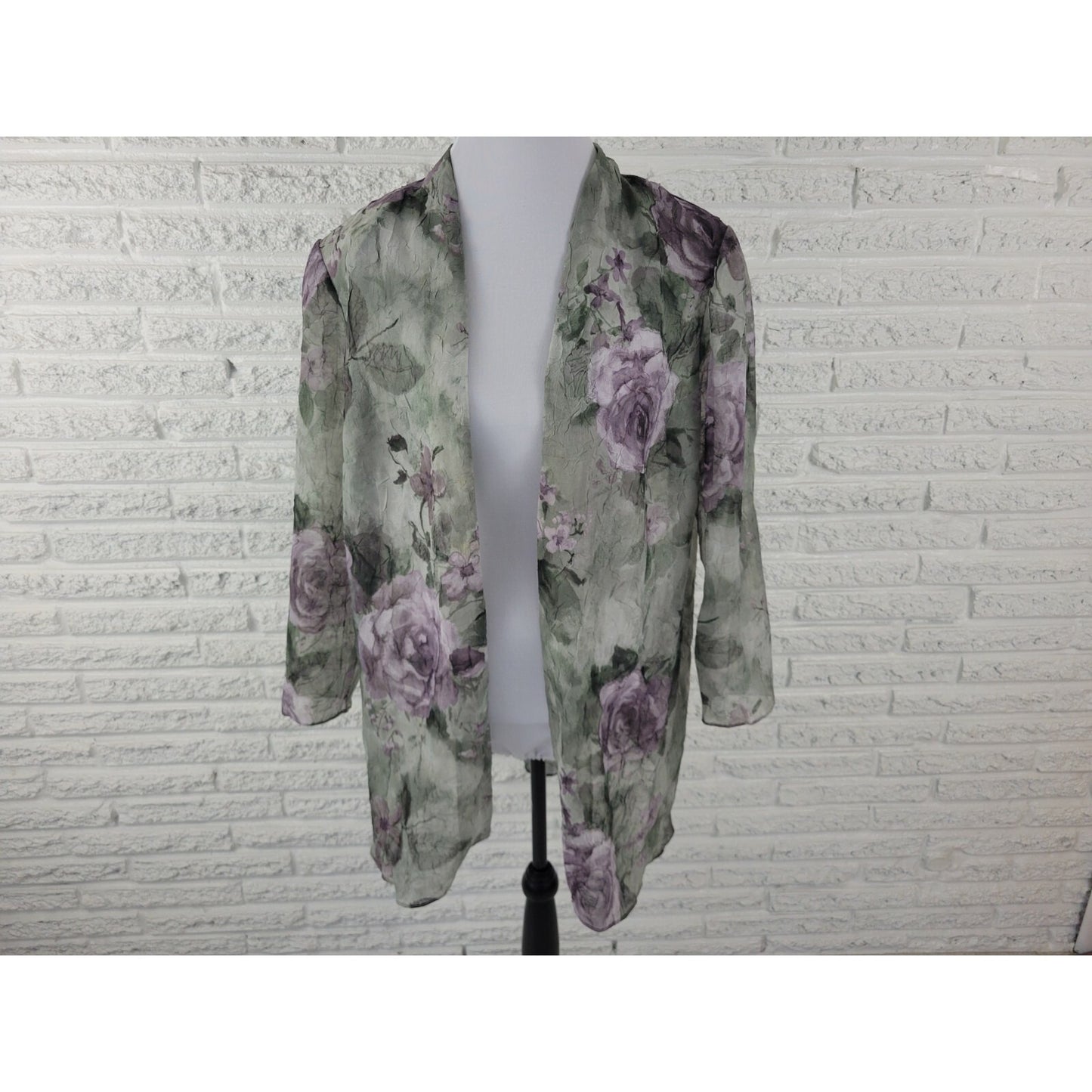 Vintage SL Fashions Women Top 18WP Petite Open Overlay Green Floral Sheer Office