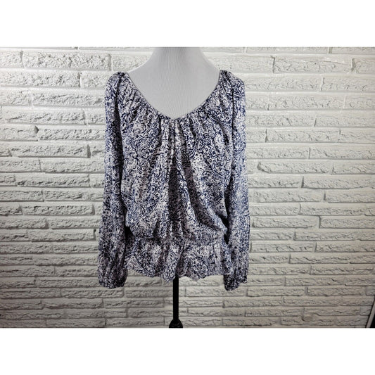 Faded Glory Women Top XXL 20 Long Sleeve Peplum Blue Floral Pleated Lightweight