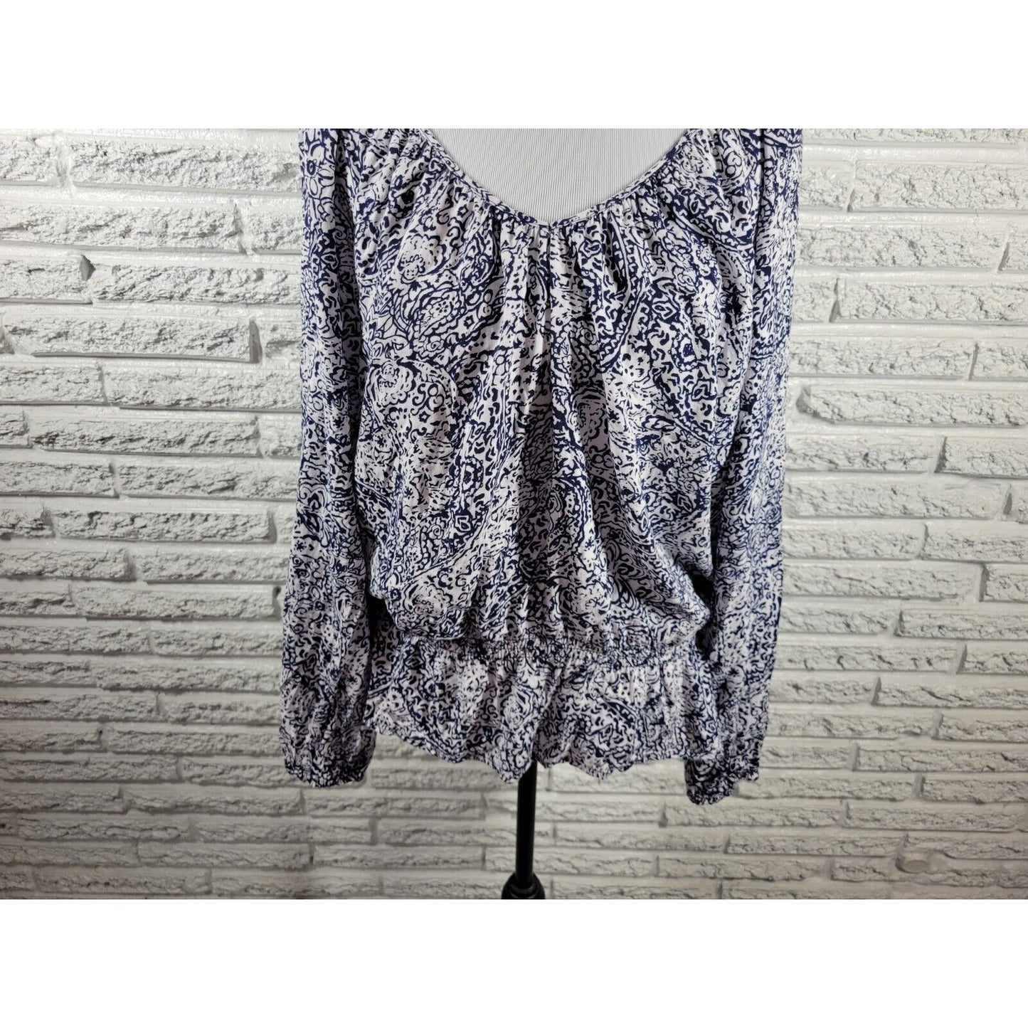 Faded Glory Women Top XXL 20 Long Sleeve Peplum Blue Floral Pleated Lightweight