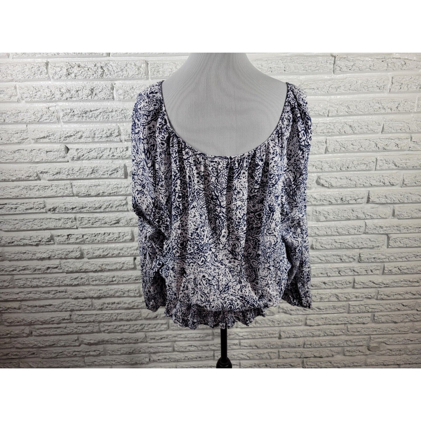 Faded Glory Women Top XXL 20 Long Sleeve Peplum Blue Floral Pleated Lightweight