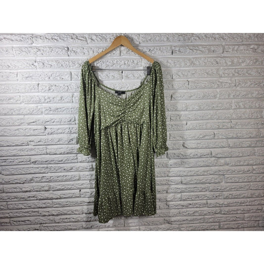 Vibe Sportswear Women Dress 3X Plus Sheath Fitted 3/4 Sleeve Green Floral Ruffle