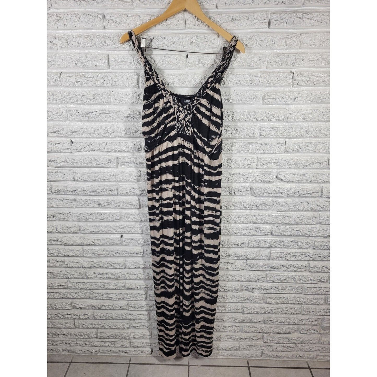 Ana Womens Dress 1X Plus Sleeveless Maxi Sheath Black Watercolor Braided Strap