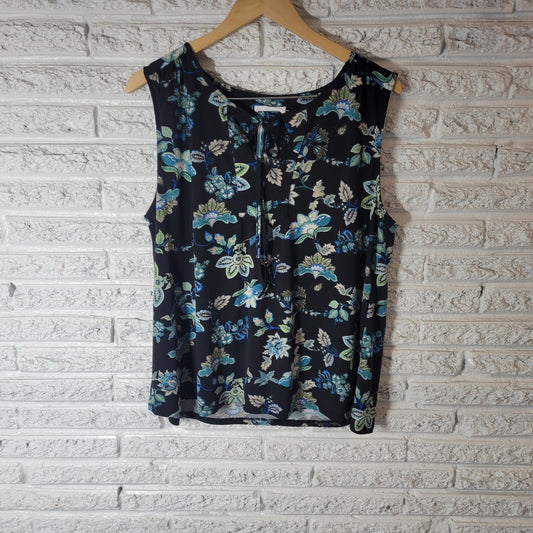 Beacon Apparel Women Top 1X Plus Sleeveless Black Blue Floral Keyhole Poly Blend