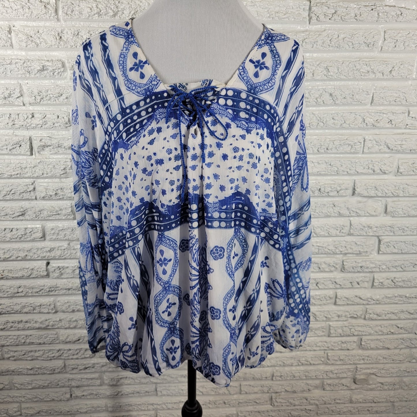 Live & Let Live Women's 2X Plus Blue White Geometric Sheer Lace-Up Blouse