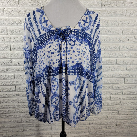 Live & Let Live Women's 2X Plus Blue White Geometric Sheer Lace-Up Blouse