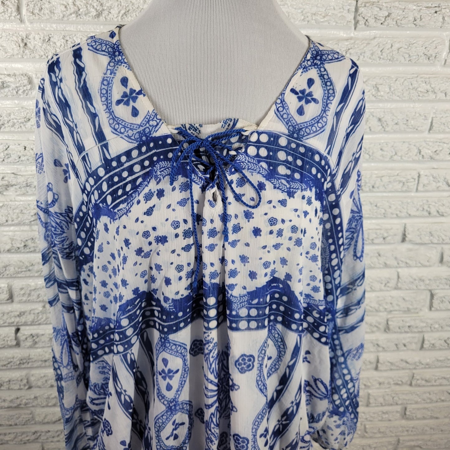 Live & Let Live Women's 2X Plus Blue White Geometric Sheer Lace-Up Blouse