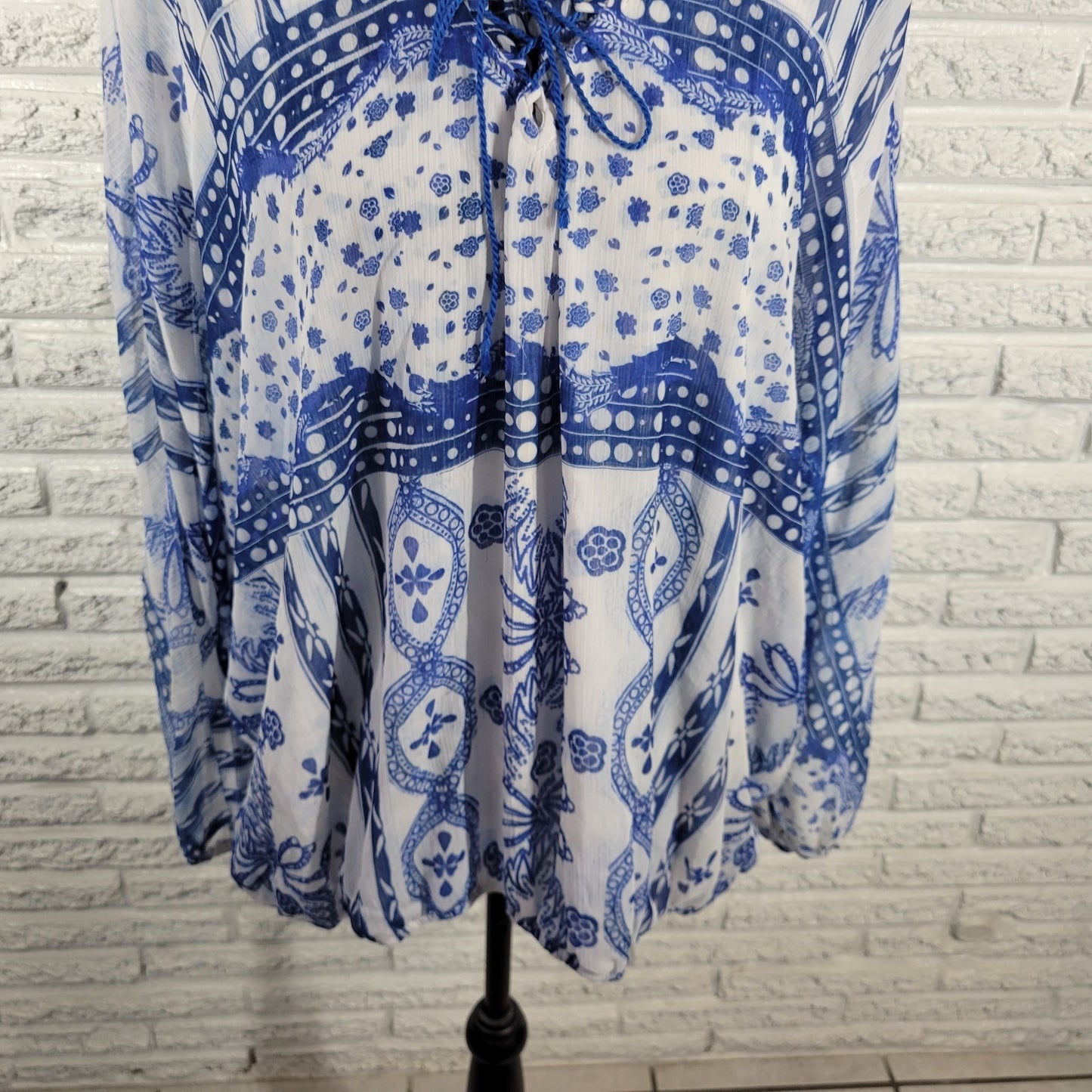 Live & Let Live Women's 2X Plus Blue White Geometric Sheer Lace-Up Blouse