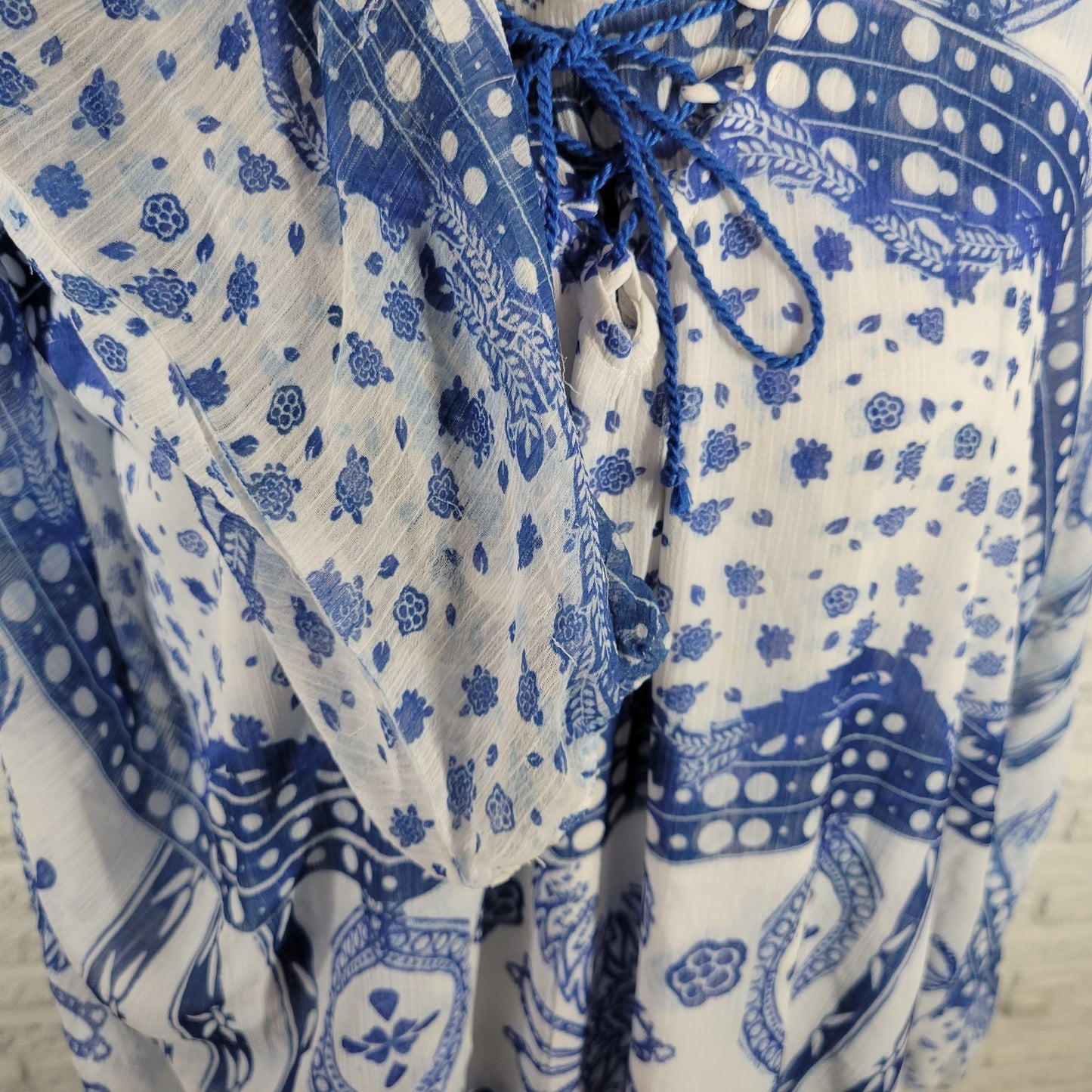 Live & Let Live Women's 2X Plus Blue White Geometric Sheer Lace-Up Blouse