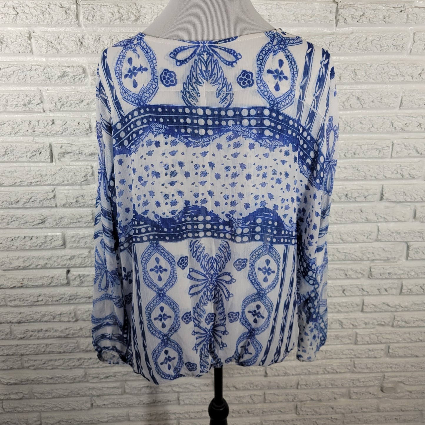 Live & Let Live Women's 2X Plus Blue White Geometric Sheer Lace-Up Blouse