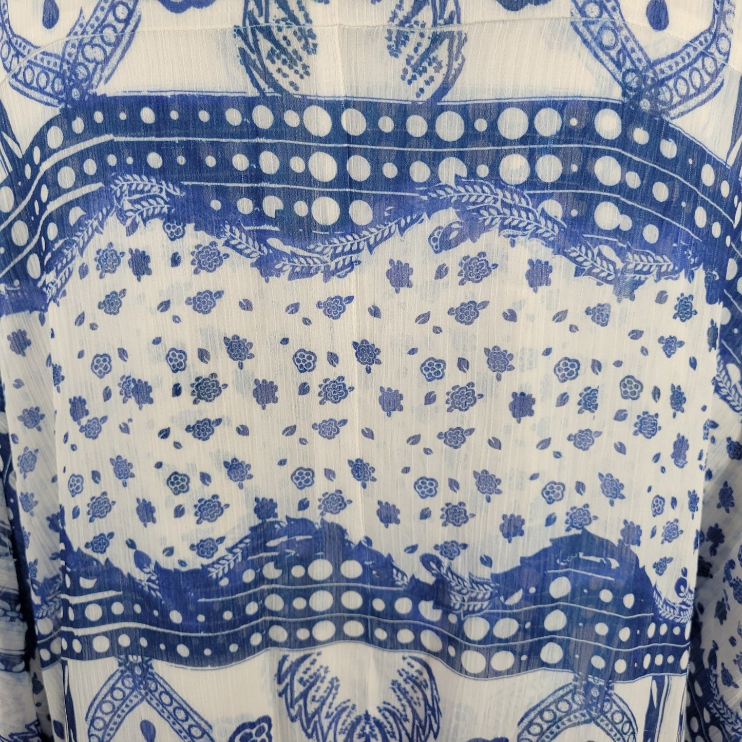 Live & Let Live Women's 2X Plus Blue White Geometric Sheer Lace-Up Blouse