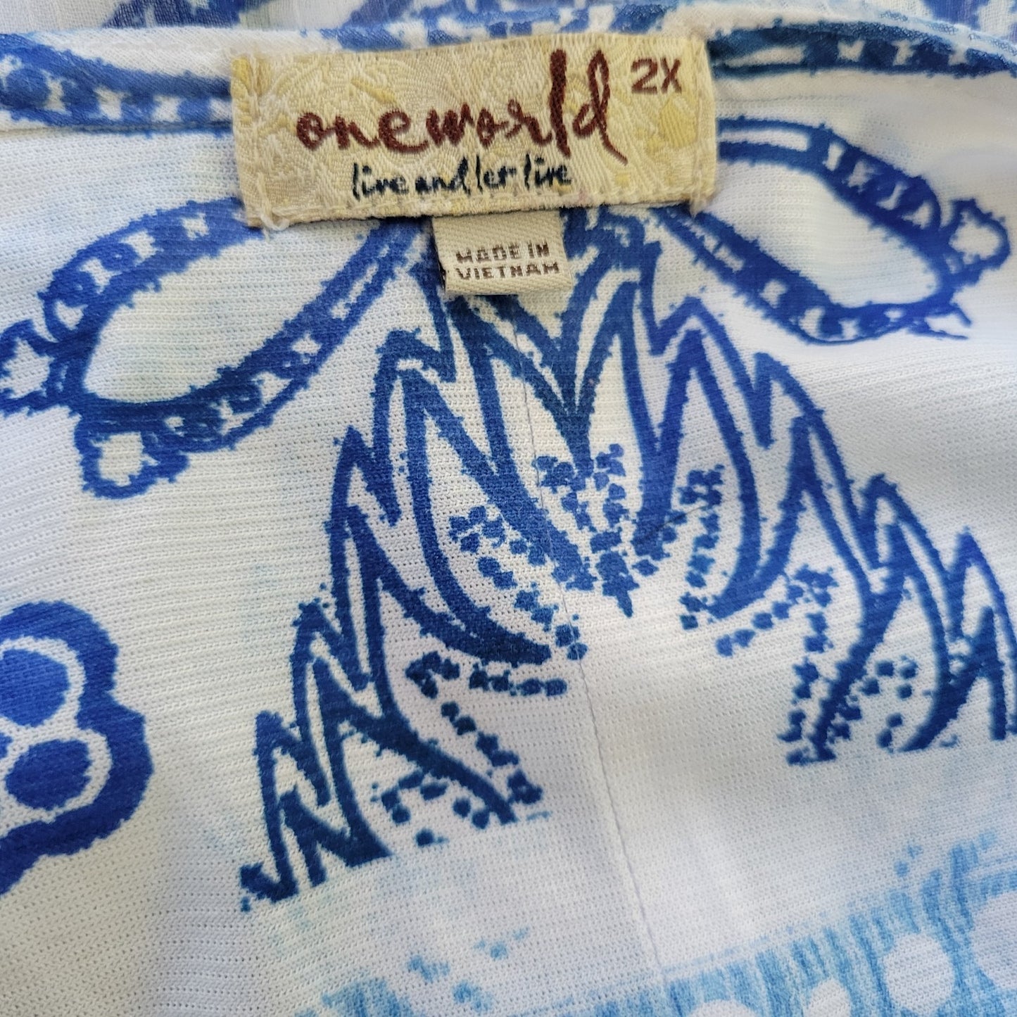 Live & Let Live Women's 2X Plus Blue White Geometric Sheer Lace-Up Blouse