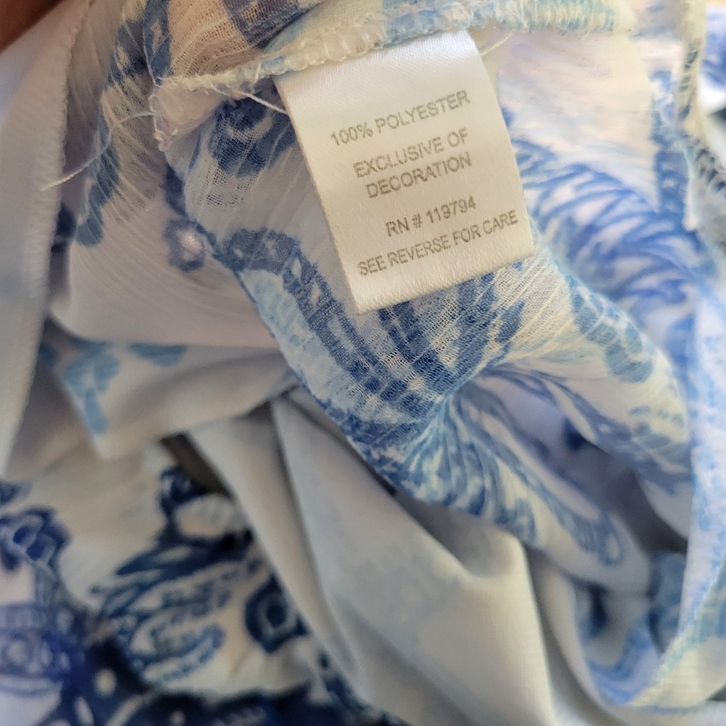Live & Let Live Women's 2X Plus Blue White Geometric Sheer Lace-Up Blouse