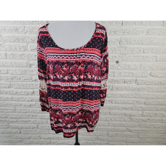 Cato Womens Top 18W 20W Plus Tunic Lace Sleeve Asymmetric Rayon Black Floral