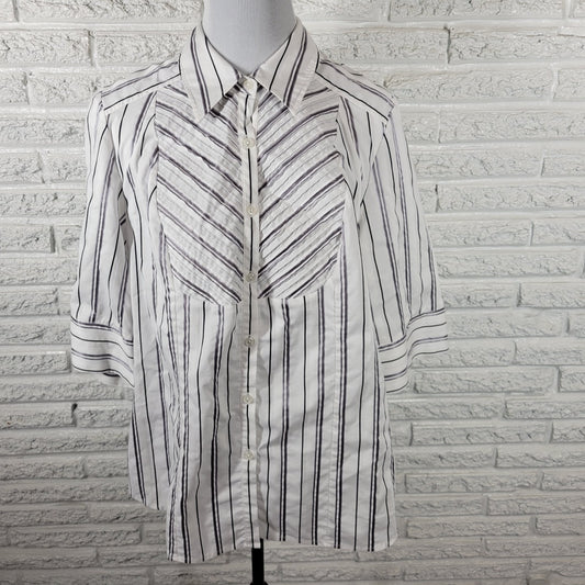 Lane Bryant Womens Top 18 20 Plus 3/4 Sleeve Button Up Gray White Stripe Pintuck