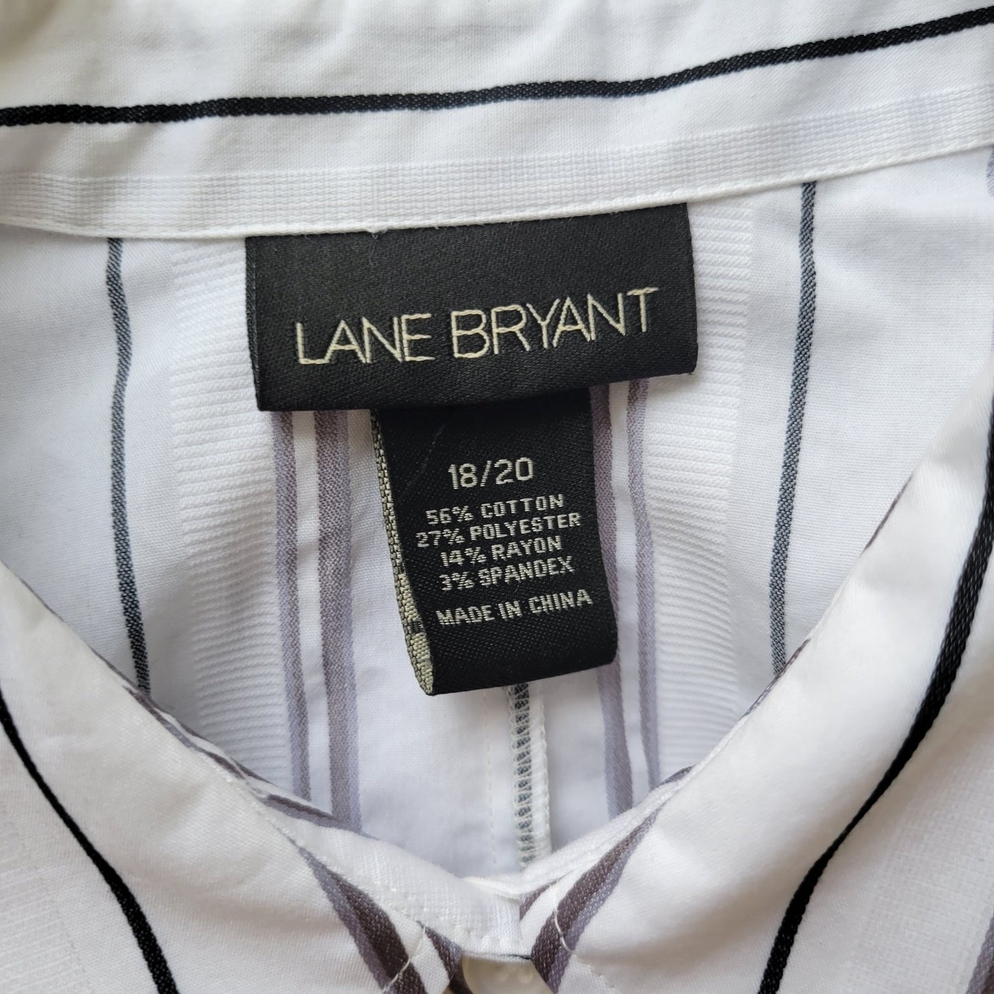 Lane Bryant Womens Top 18 20 Plus 3/4 Sleeve Button Up Gray White Stripe Pintuck