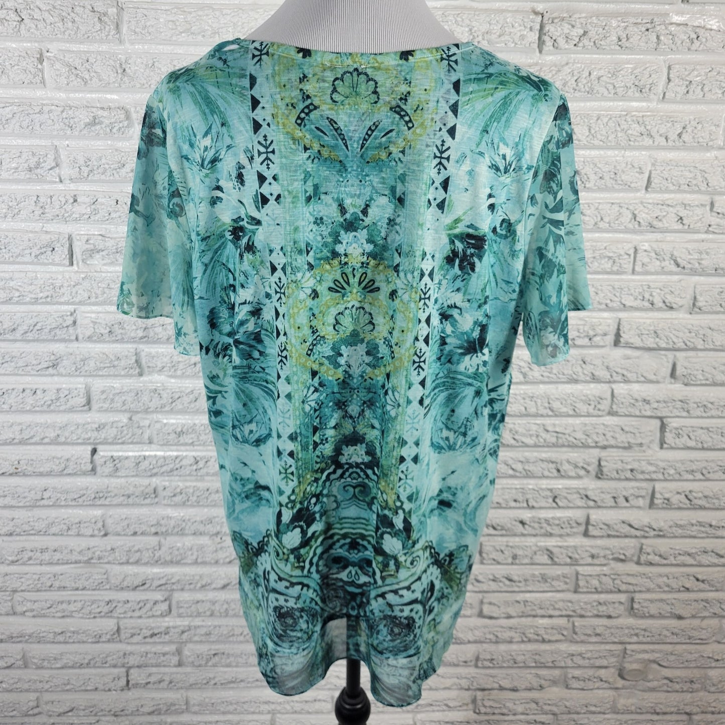 Time And Tru Women XL Blouse Blue Geometric Flutter Sleeve Rhinestone Knit Top