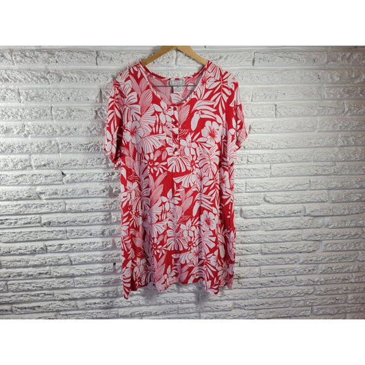 Desert Shores Womens Dress 1X Plus Mini Short Sleeve Red Floral Quarter Button