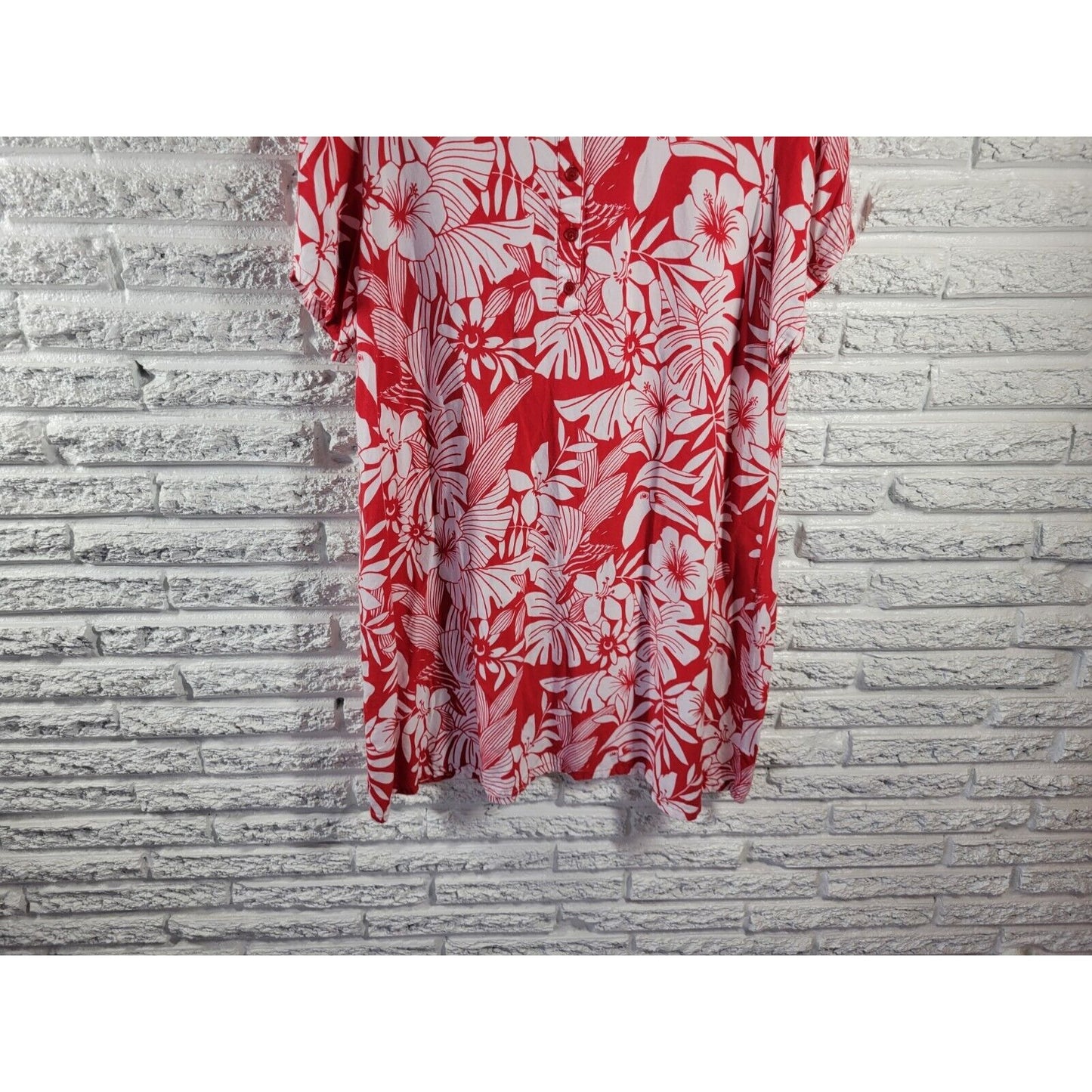Desert Shores Womens Dress 1X Plus Mini Short Sleeve Red Floral Quarter Button