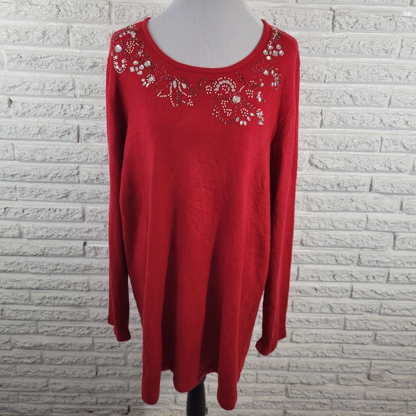 Liz Me Womens Sweater 2X Plus Tunic Red Holiday Beaded Rhinestones Soft Office