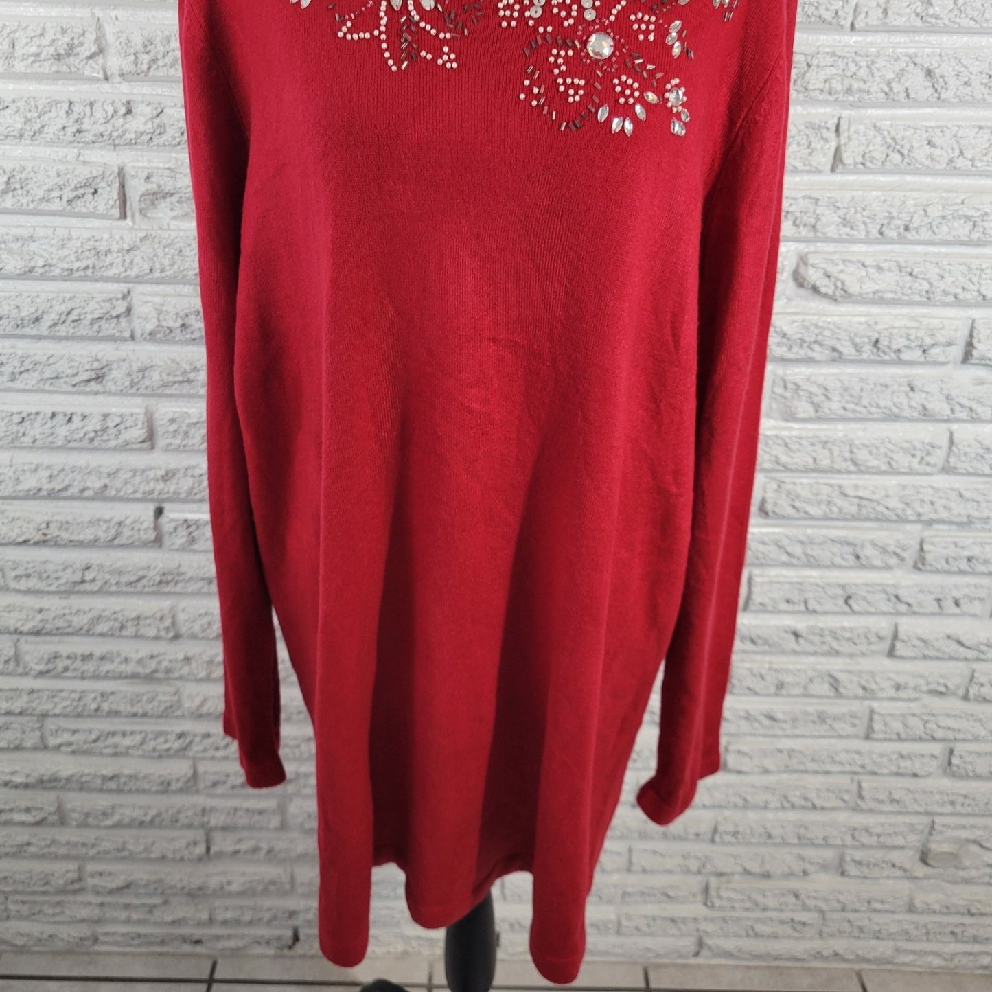 Liz Me Womens Sweater 2X Plus Tunic Red Holiday Beaded Rhinestones Soft Office