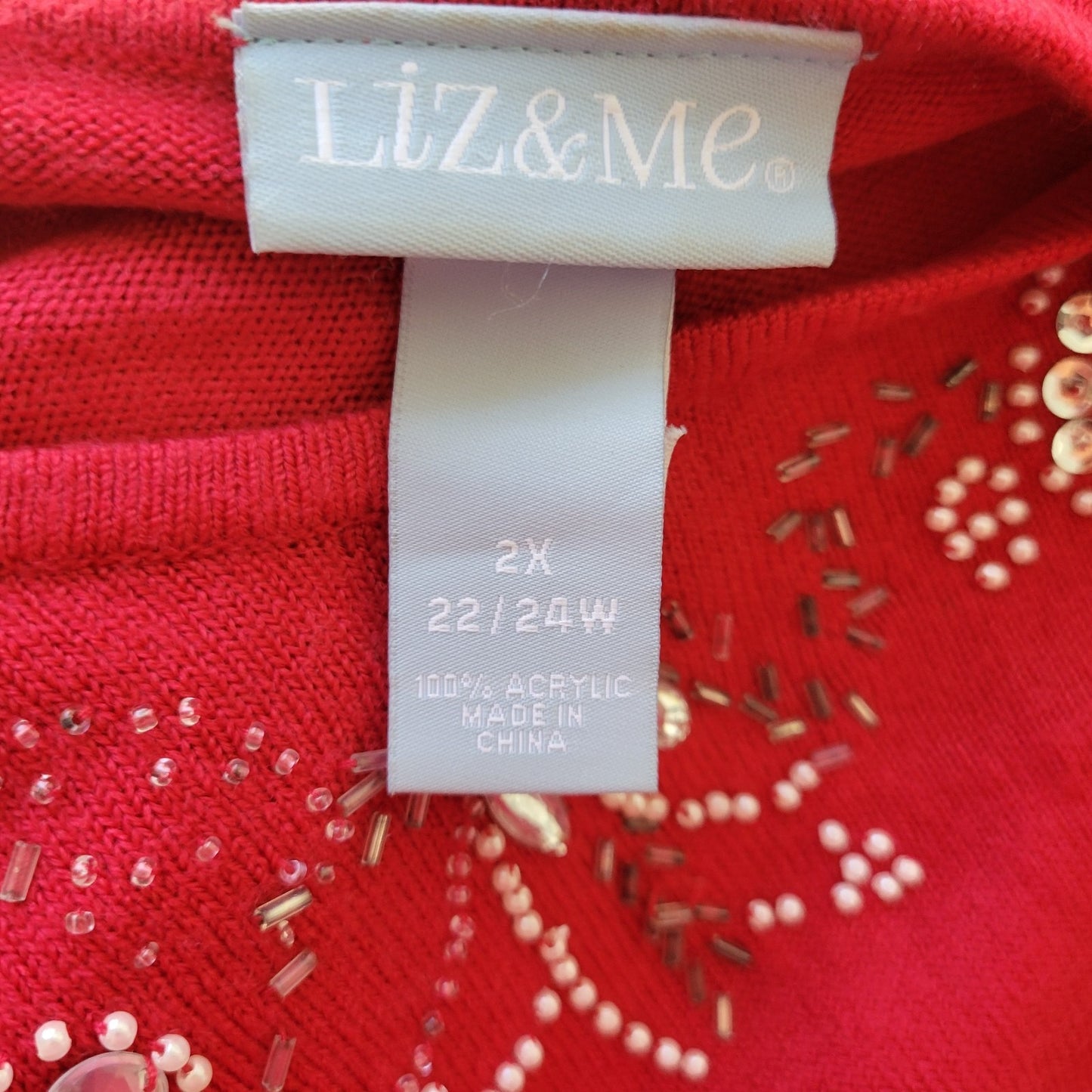 Liz Me Womens Sweater 2X Plus Tunic Red Holiday Beaded Rhinestones Soft Office