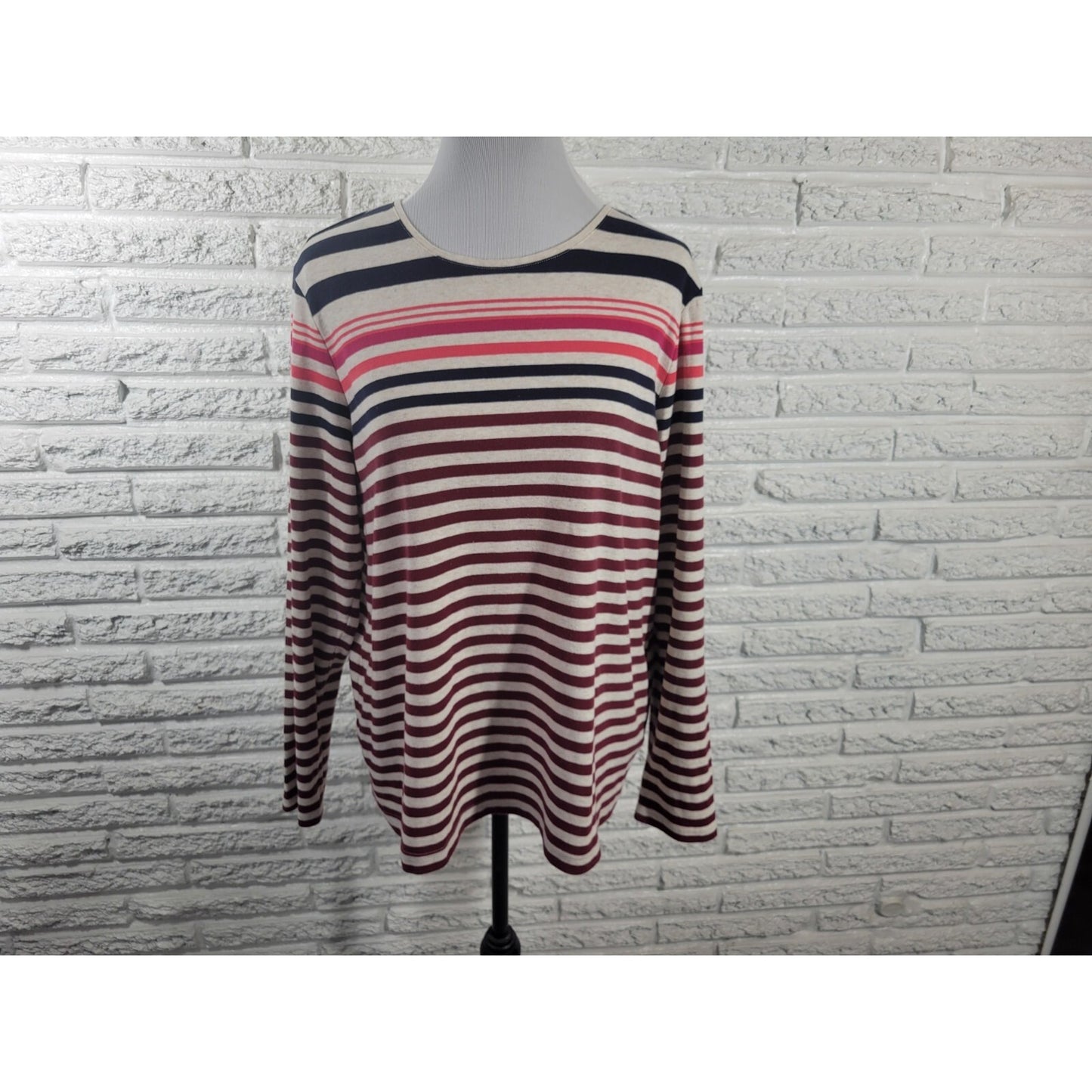 Croft Barrow Womens Top XXL Plus Tee Classic Brown Stripe Casual Long Sleeve