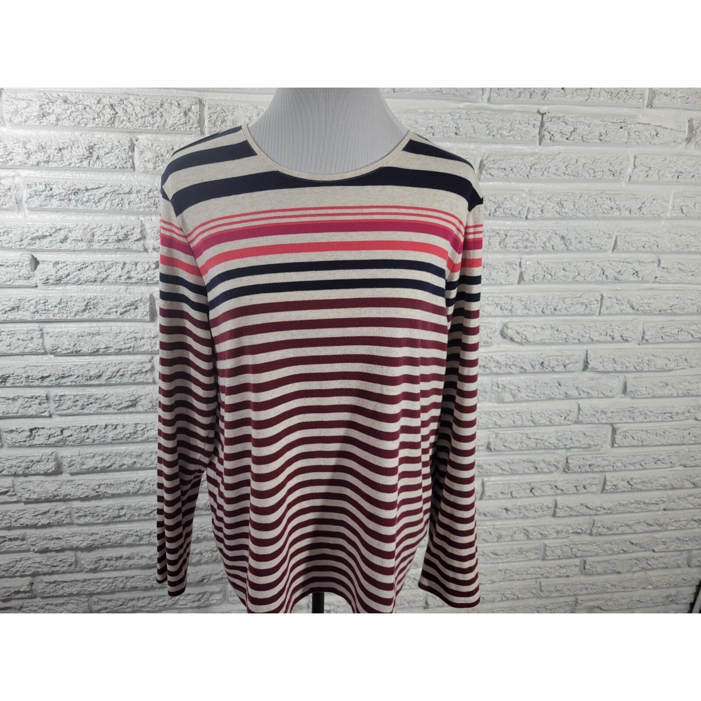 Croft Barrow Womens Top XXL Plus Tee Classic Brown Stripe Casual Long Sleeve