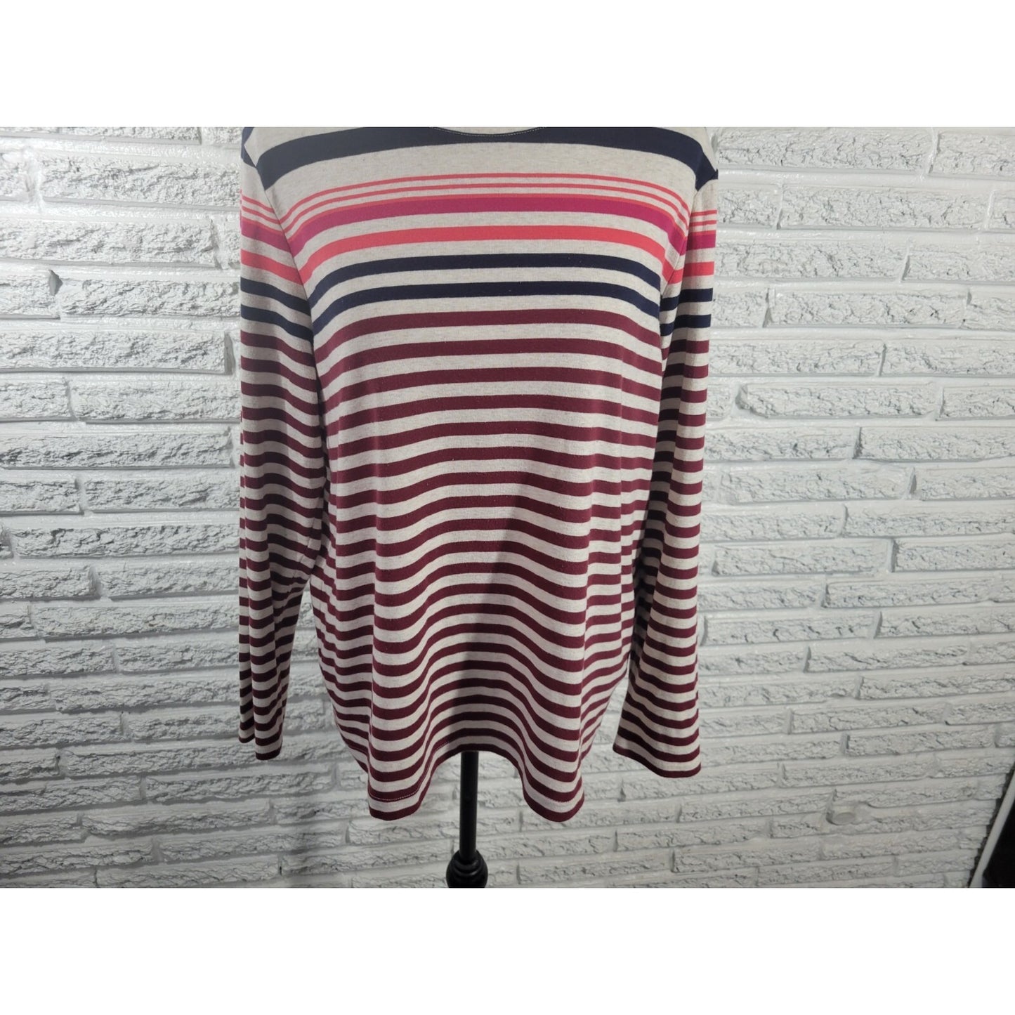 Croft Barrow Womens Top XXL Plus Tee Classic Brown Stripe Casual Long Sleeve