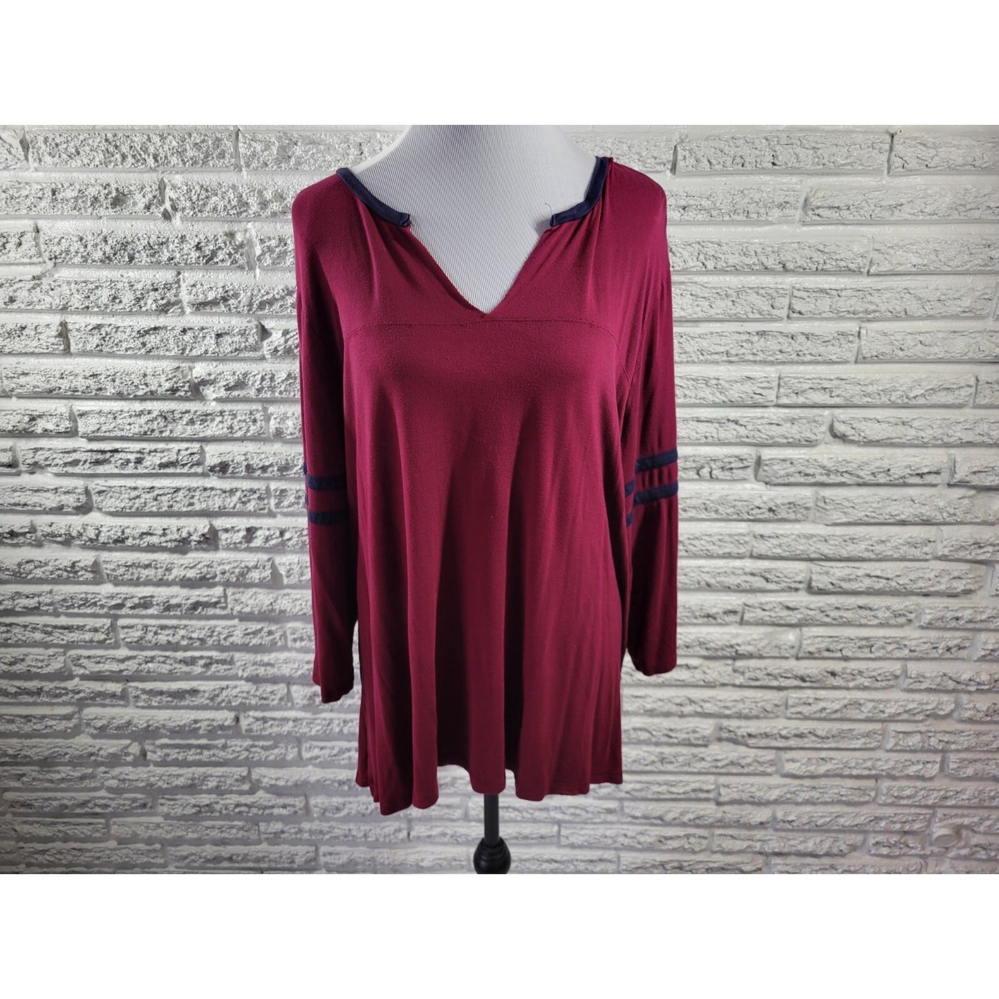 Maurices Womens Top 3 3X Plus Tunic 3/4 Sleeve Burgundy Pullover Sheer Casual