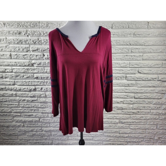 Maurices Womens Top 3 3X Plus Tunic 3/4 Sleeve Burgundy Pullover Sheer Casual