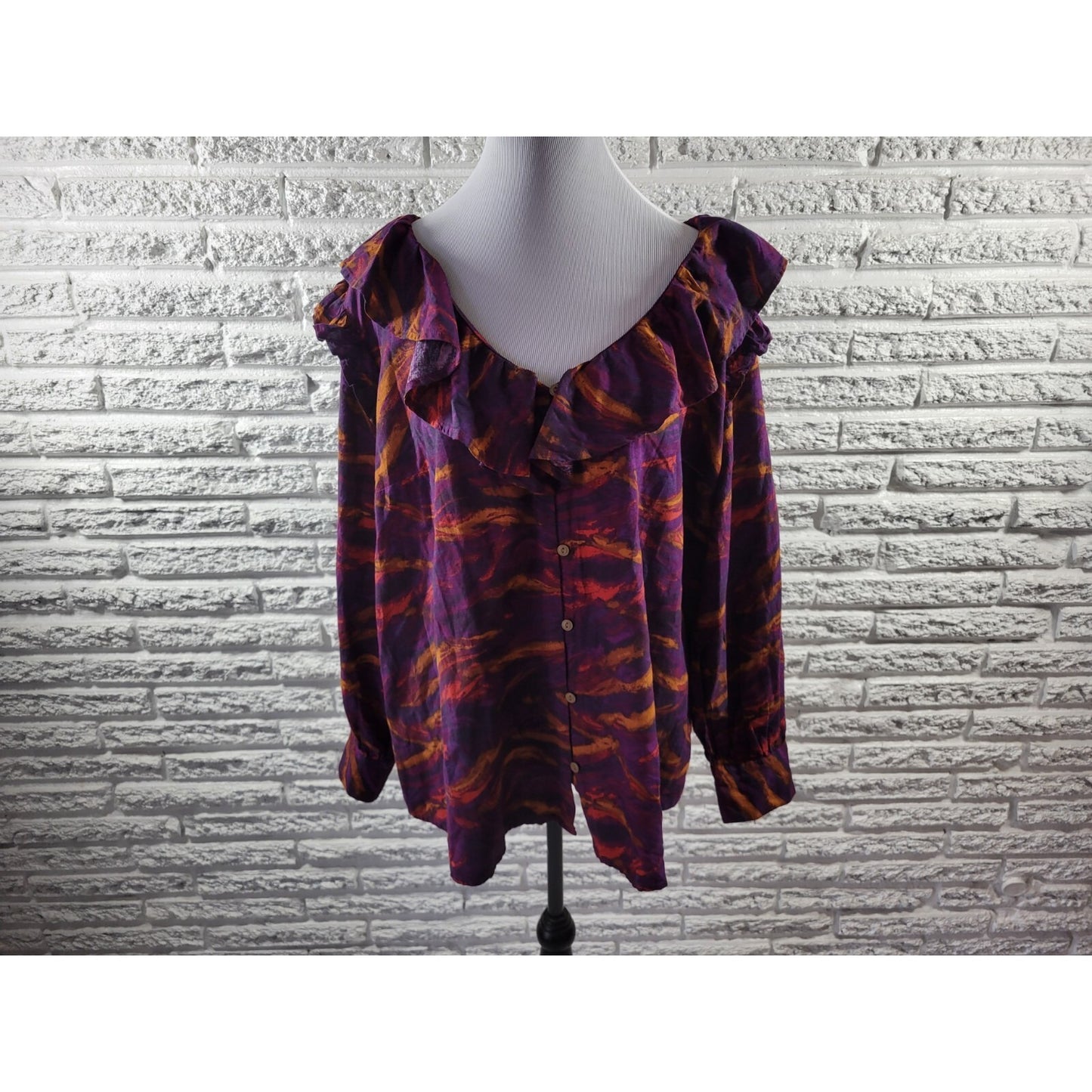 Terra Sky Womens Top 1X Plus Long Sleeve Purple Watercolor Casual Ruffle Neck