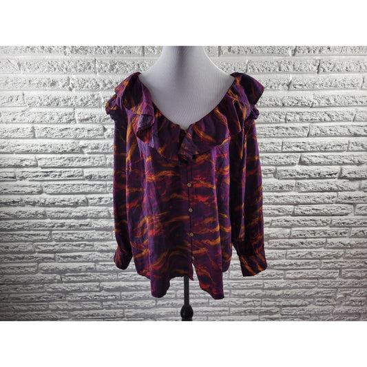 Terra Sky Womens Top 1X Plus Long Sleeve Purple Watercolor Casual Ruffle Neck