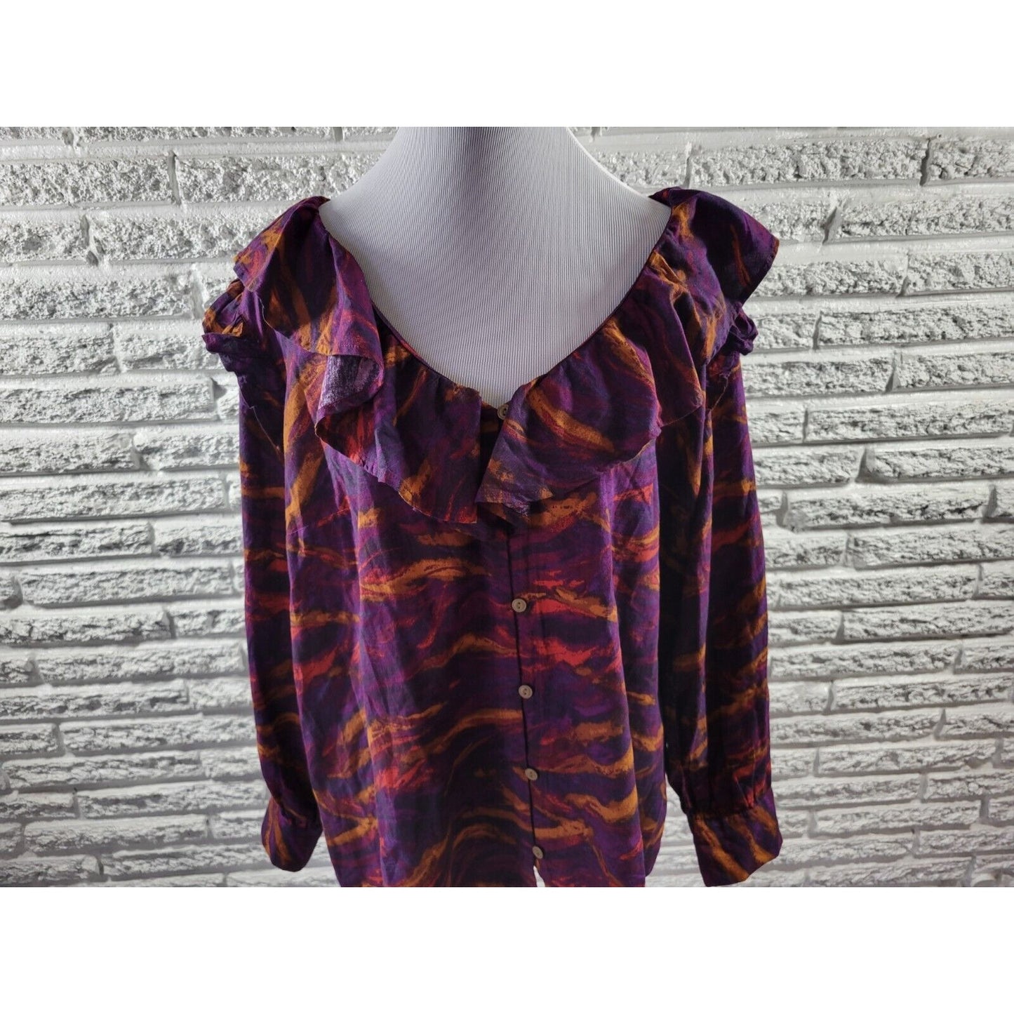 Terra Sky Womens Top 1X Plus Long Sleeve Purple Watercolor Casual Ruffle Neck