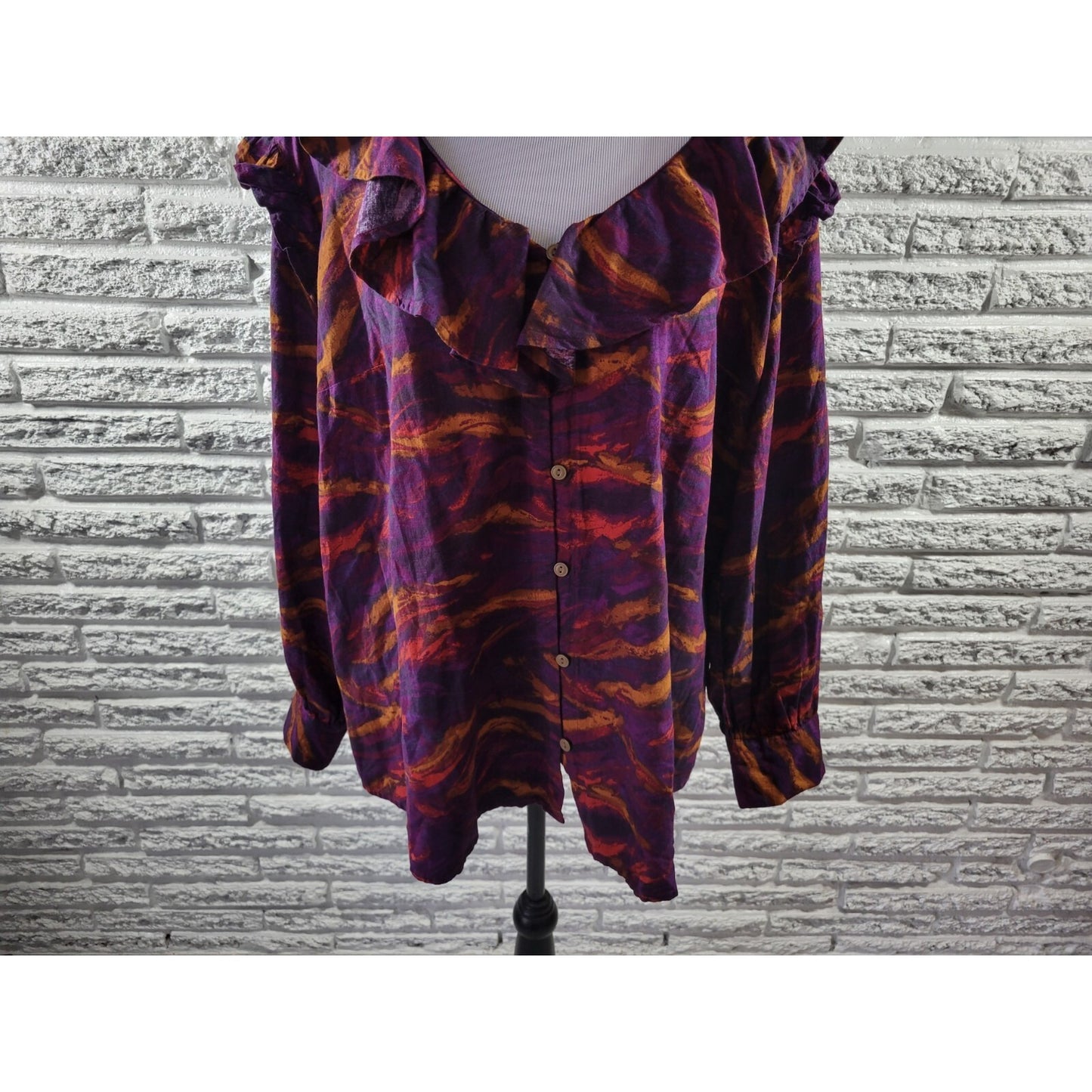 Terra Sky Womens Top 1X Plus Long Sleeve Purple Watercolor Casual Ruffle Neck