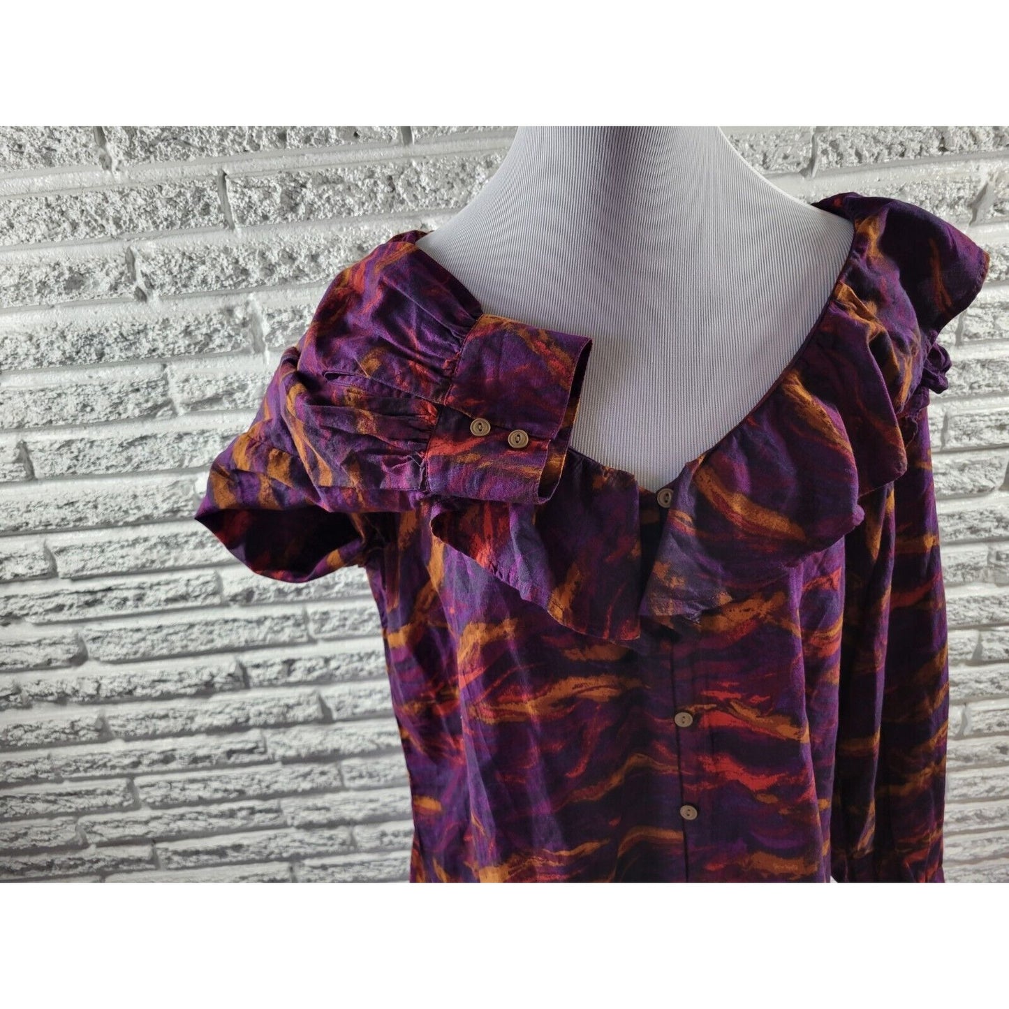 Terra Sky Womens Top 1X Plus Long Sleeve Purple Watercolor Casual Ruffle Neck