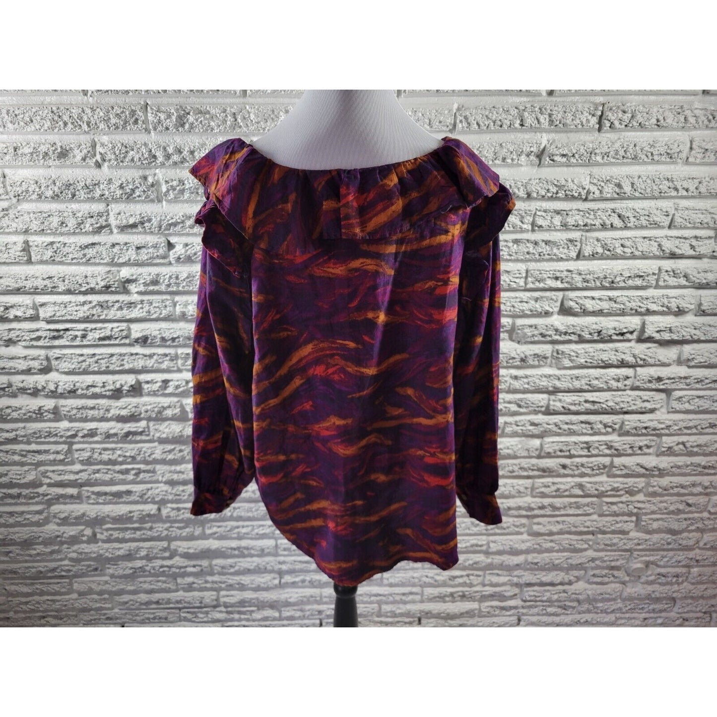 Terra Sky Womens Top 1X Plus Long Sleeve Purple Watercolor Casual Ruffle Neck