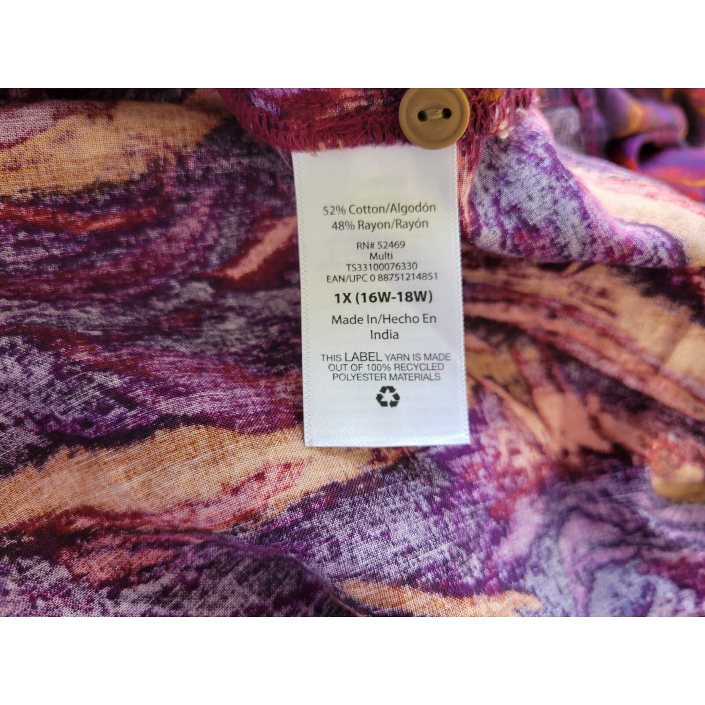 Terra Sky Womens Top 1X Plus Long Sleeve Purple Watercolor Casual Ruffle Neck