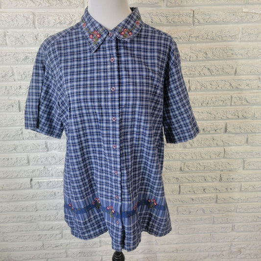 Classic Elements Womens Top 18W Plus Short Sleeve Blue Plaid Lightweight Cotton