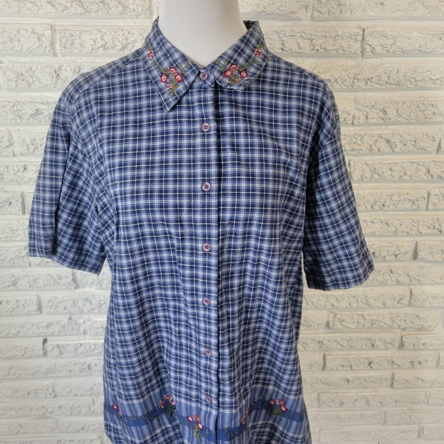 Classic Elements Womens Top 18W Plus Short Sleeve Blue Plaid Lightweight Cotton