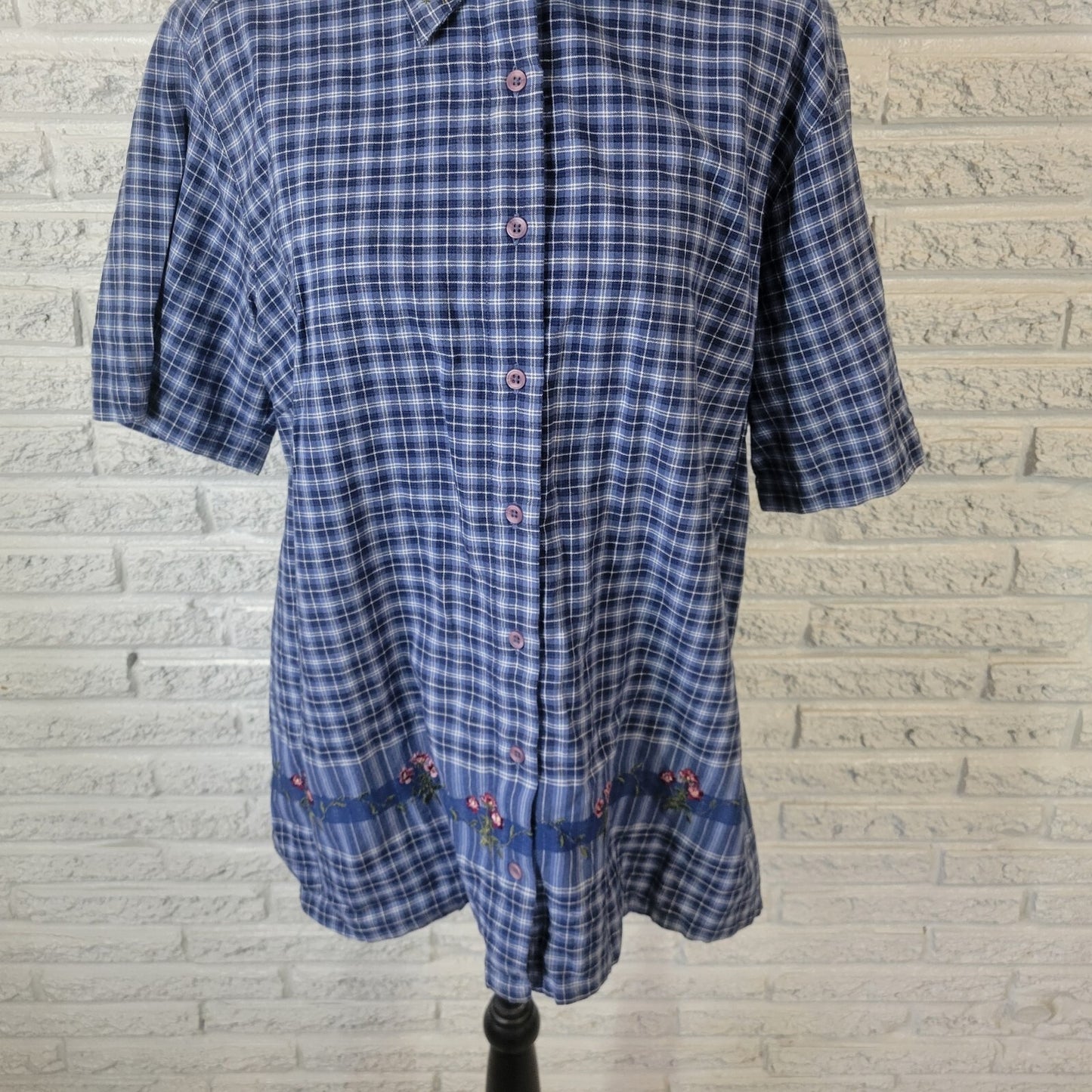 Classic Elements Womens Top 18W Plus Short Sleeve Blue Plaid Lightweight Cotton