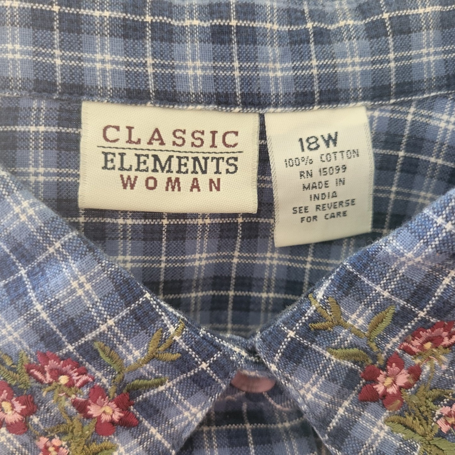 Classic Elements Womens Top 18W Plus Short Sleeve Blue Plaid Lightweight Cotton