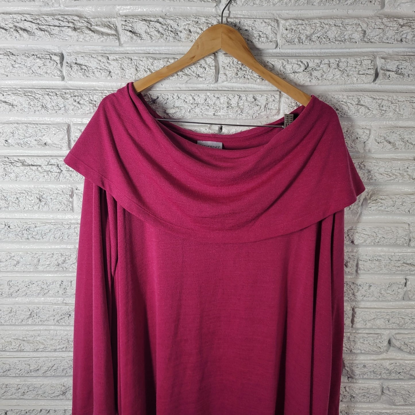 Catherines Womens Top 5X Plus Tunic 3/4 Sleeve Pink Cowl Neck Poly Blend Comfy