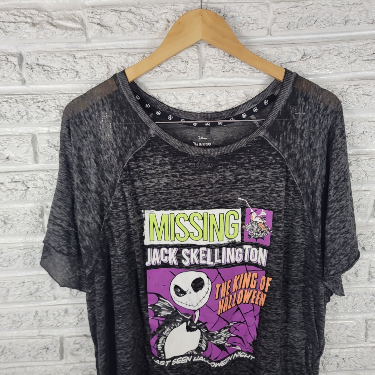 Christmas Disney Nightmare Women Tee 2X Plus Black Burnout Missing Jack Skeleton