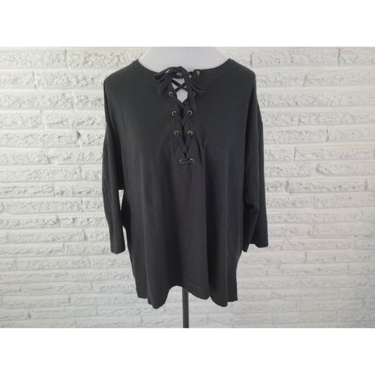 Woman Within Womens Top 2X 26 28 Plus 3/4 Sleeve Lace Up Black Stretchy Basic