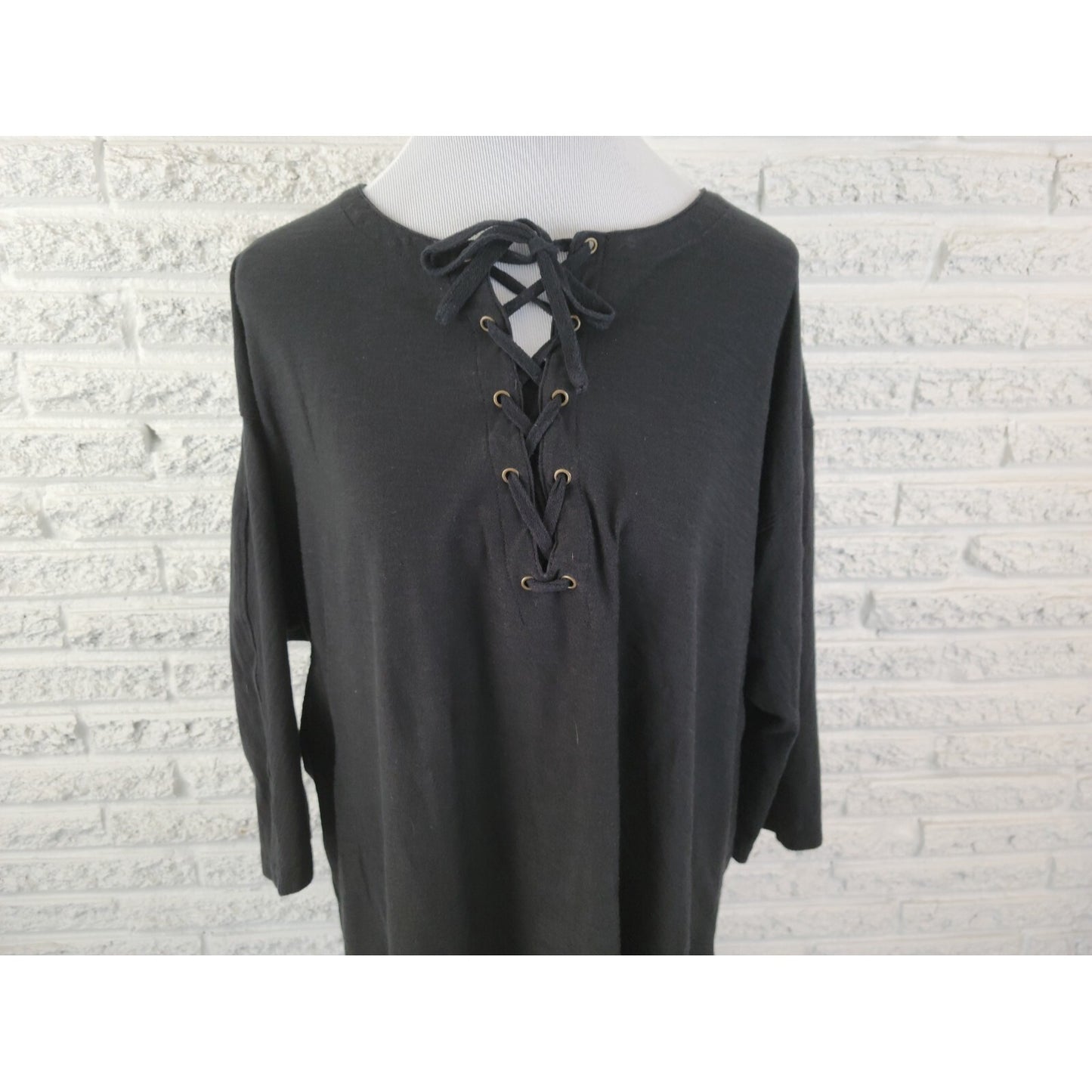Woman Within Womens Top 2X 26 28 Plus 3/4 Sleeve Lace Up Black Stretchy Basic