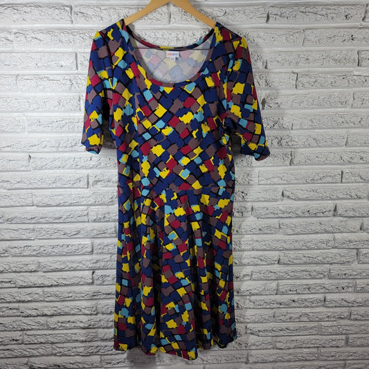 LuLaRoe 3XL Plus Size Dress Blue Red Geometric Fit & Flare Stretch Knit