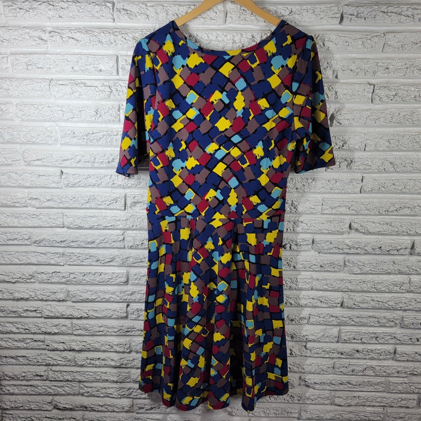 LuLaRoe 3XL Plus Size Dress Blue Red Geometric Fit & Flare Stretch Knit