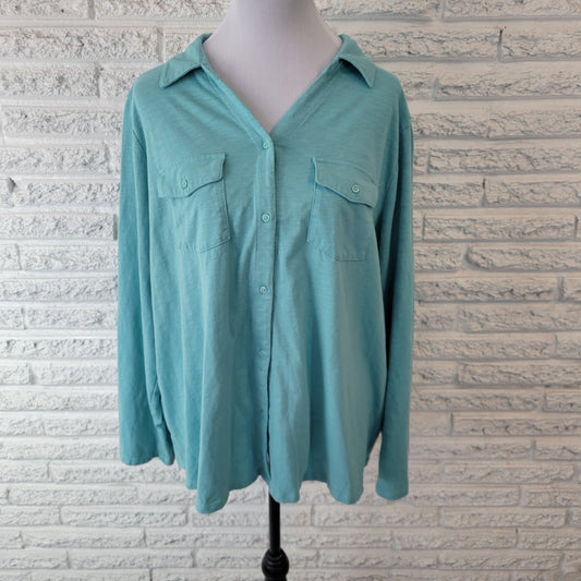 Croft Barrow Women Top 2X Plus Roll Tab Sleeve Blue Cotton Blend Comfy Button Up