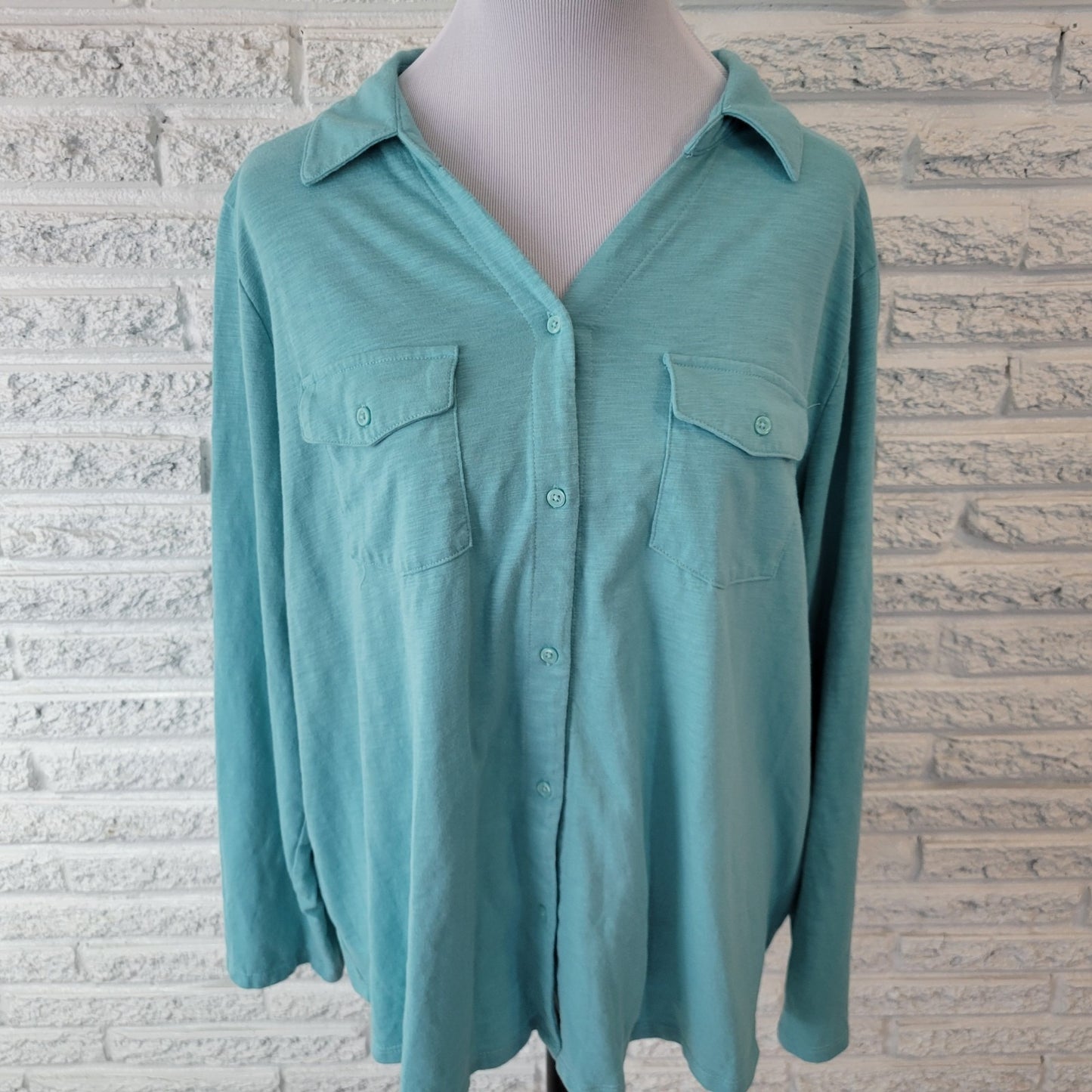 Croft Barrow Women Top 2X Plus Roll Tab Sleeve Blue Cotton Blend Comfy Button Up