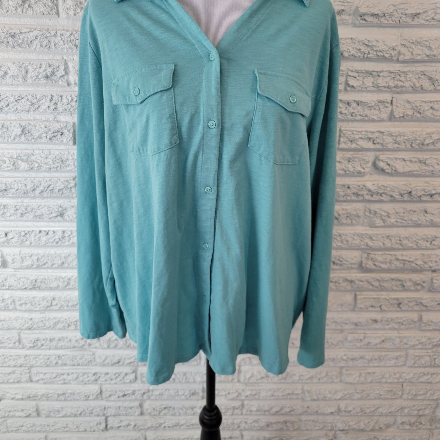 Croft Barrow Women Top 2X Plus Roll Tab Sleeve Blue Cotton Blend Comfy Button Up